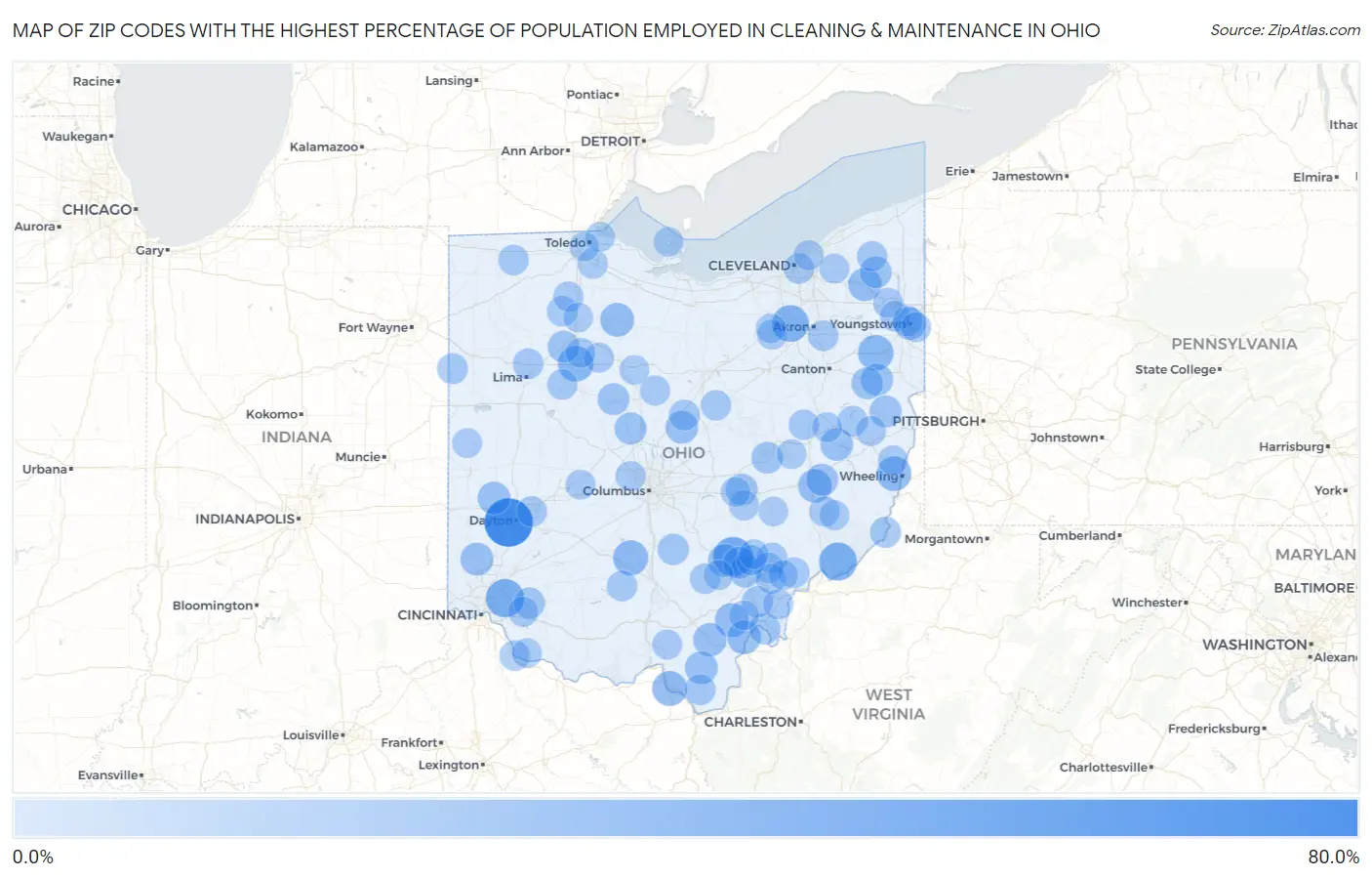 Zip Codes with the Highest Percentage of Population Employed in Cleaning & Maintenance in Ohio Map