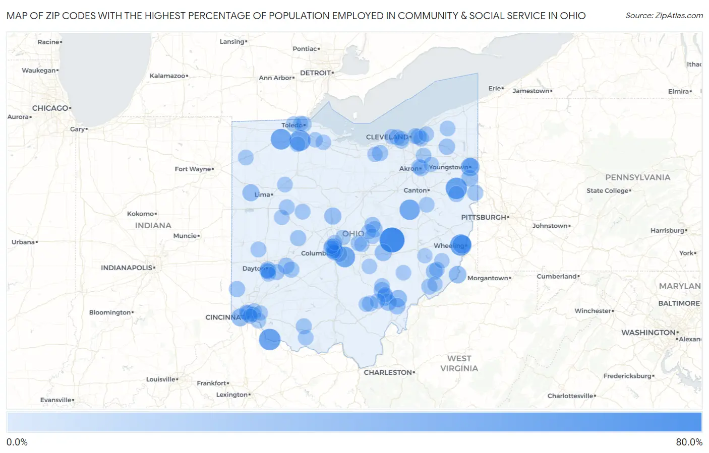 Zip Codes with the Highest Percentage of Population Employed in Community & Social Service  in Ohio Map