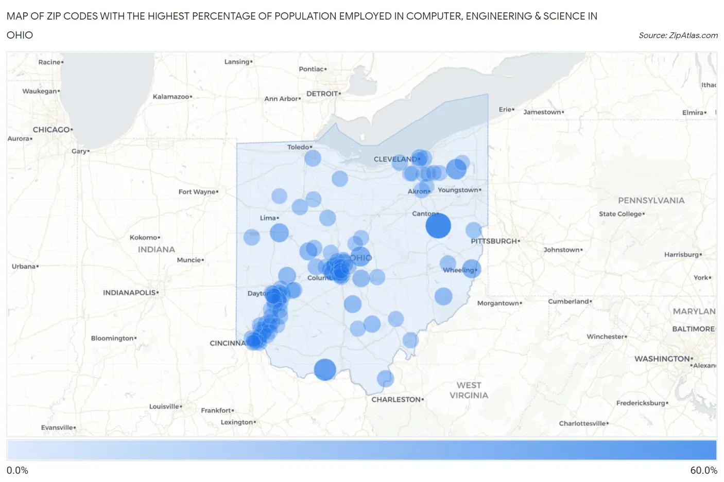 Zip Codes with the Highest Percentage of Population Employed in Computer, Engineering & Science in Ohio Map