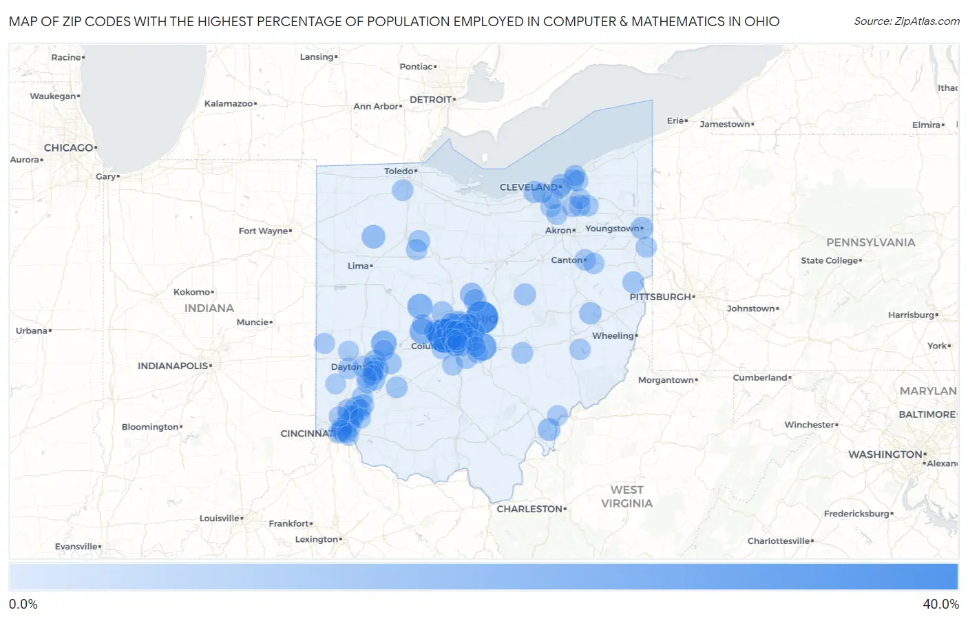 Zip Codes with the Highest Percentage of Population Employed in Computer & Mathematics in Ohio Map