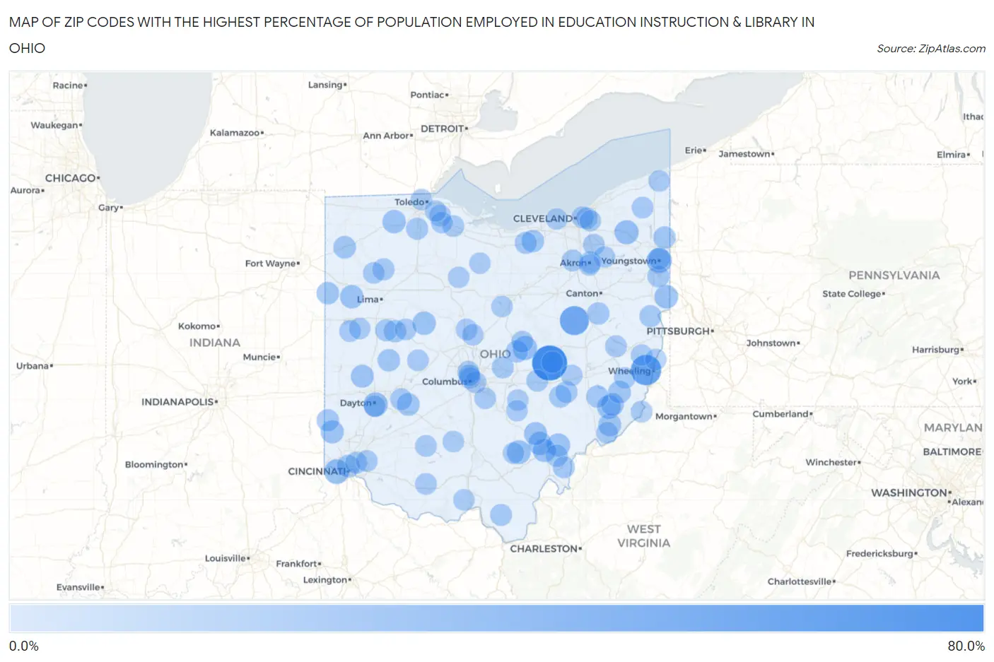 Zip Codes with the Highest Percentage of Population Employed in Education Instruction & Library in Ohio Map