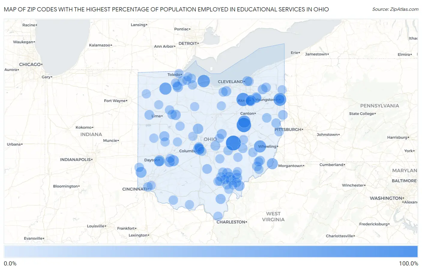 Zip Codes with the Highest Percentage of Population Employed in Educational Services in Ohio Map