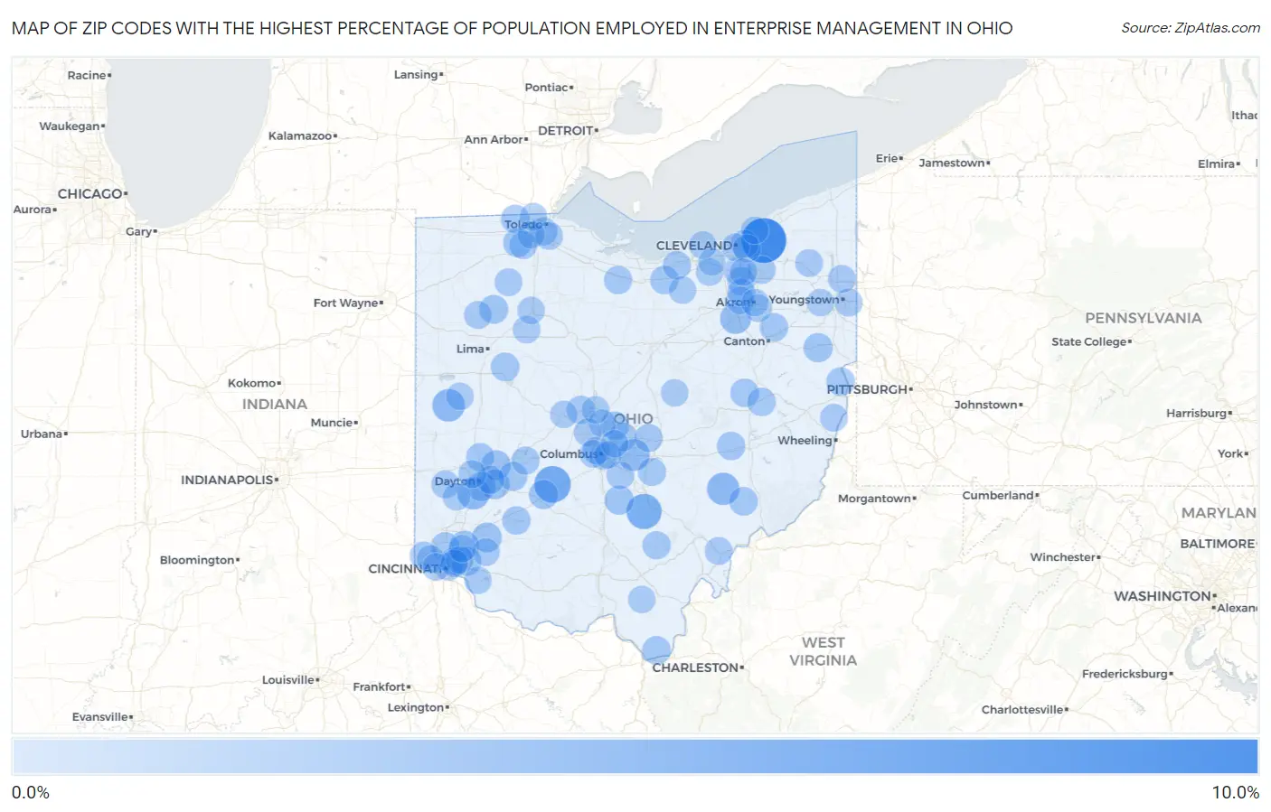 Zip Codes with the Highest Percentage of Population Employed in Enterprise Management in Ohio Map