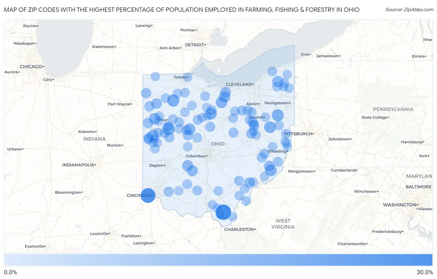 Zip Codes with the Highest Percentage of Population Employed in Farming, Fishing & Forestry in Ohio Map