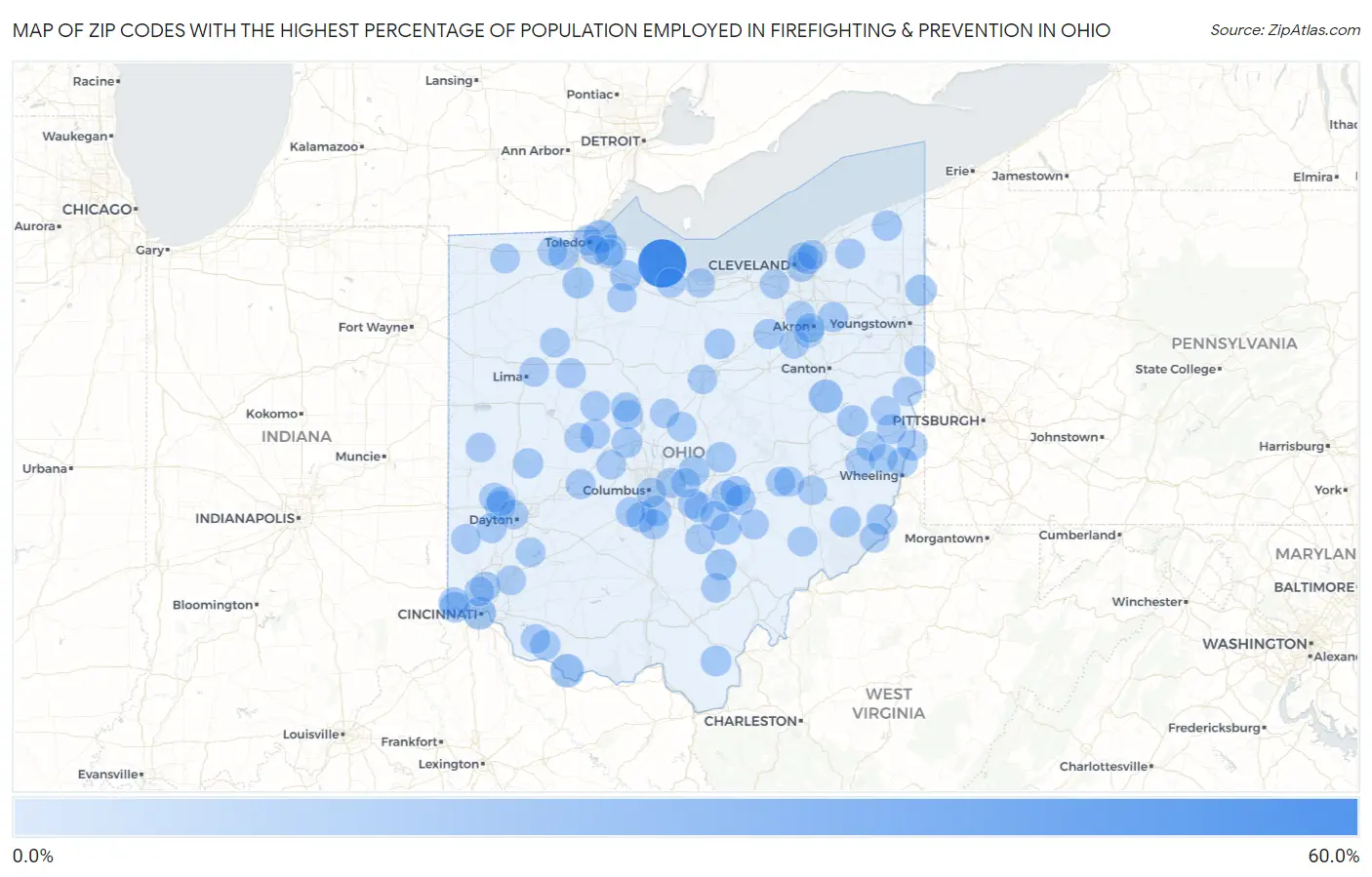 Zip Codes with the Highest Percentage of Population Employed in Firefighting & Prevention in Ohio Map