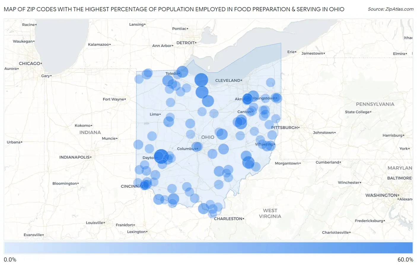 Zip Codes with the Highest Percentage of Population Employed in Food Preparation & Serving in Ohio Map