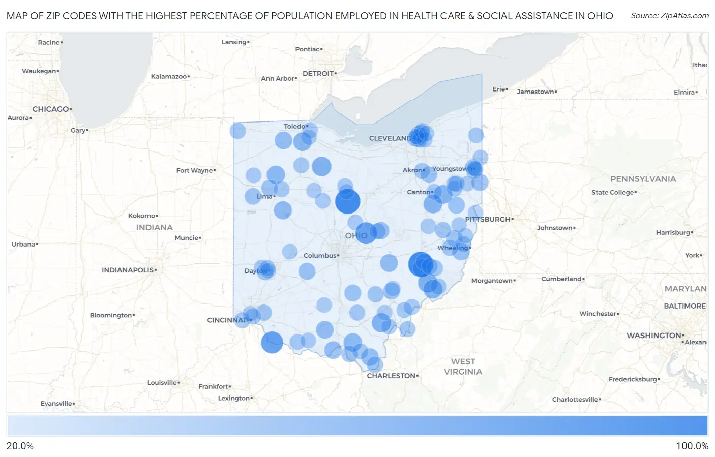 Zip Codes with the Highest Percentage of Population Employed in Health Care & Social Assistance in Ohio Map
