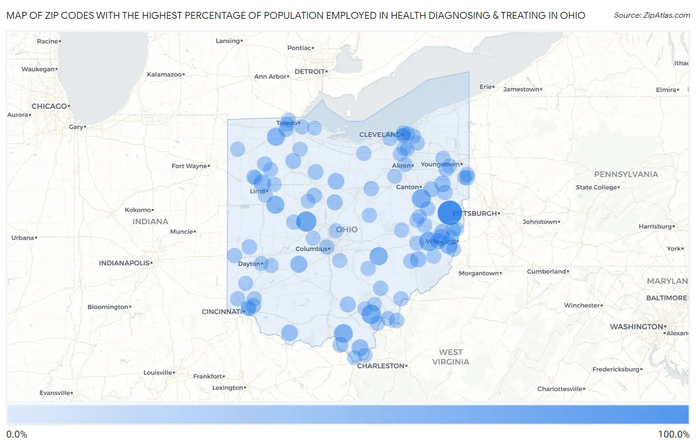 Zip Codes with the Highest Percentage of Population Employed in Health Diagnosing & Treating in Ohio Map