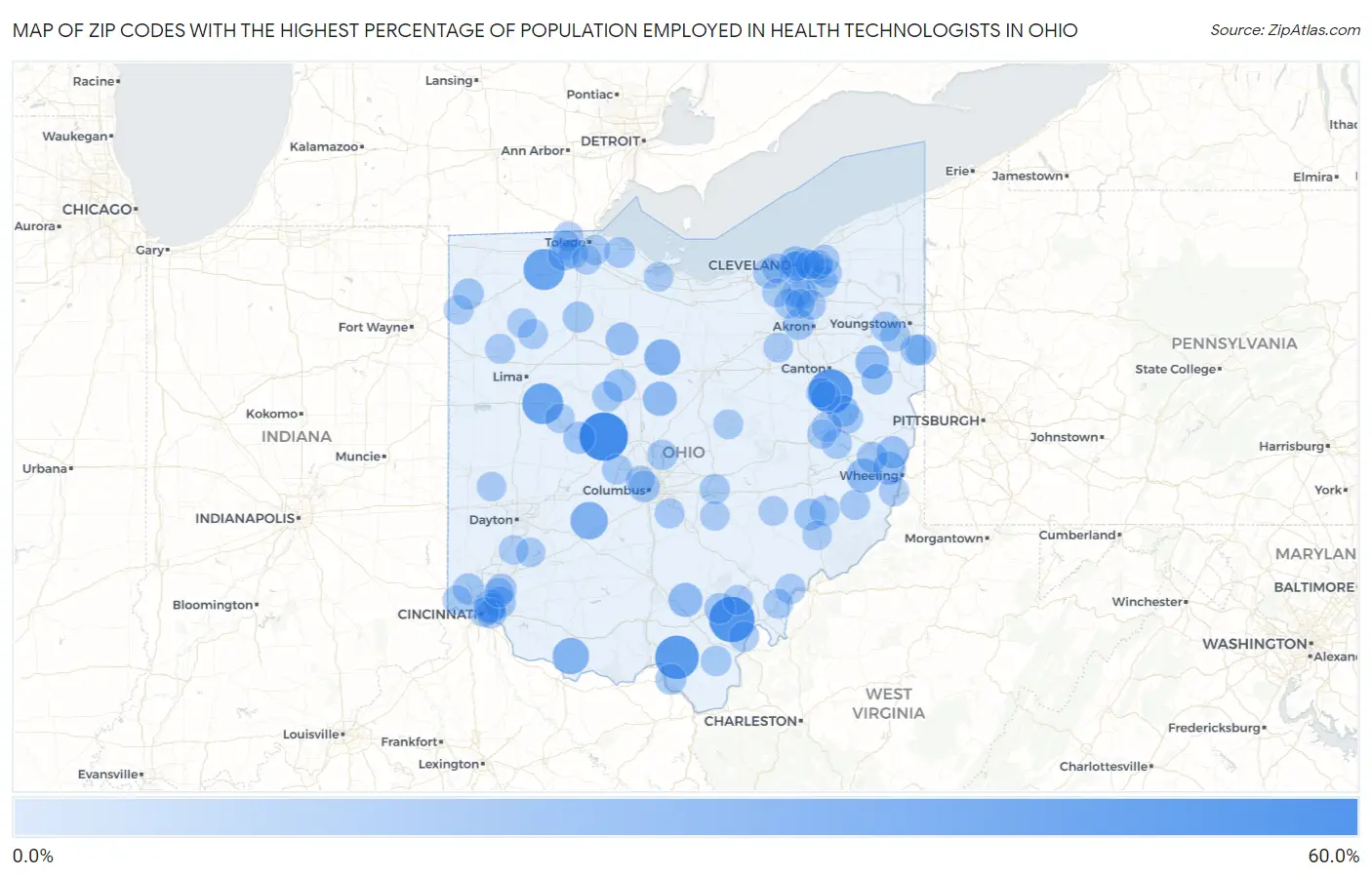 Zip Codes with the Highest Percentage of Population Employed in Health Technologists in Ohio Map