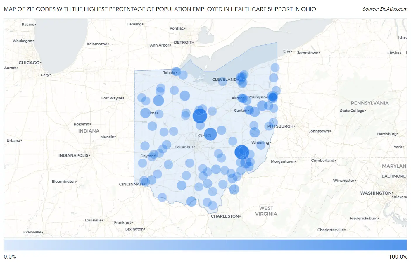 Zip Codes with the Highest Percentage of Population Employed in Healthcare Support in Ohio Map