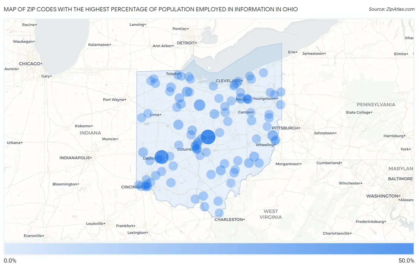Zip Codes with the Highest Percentage of Population Employed in Information in Ohio Map