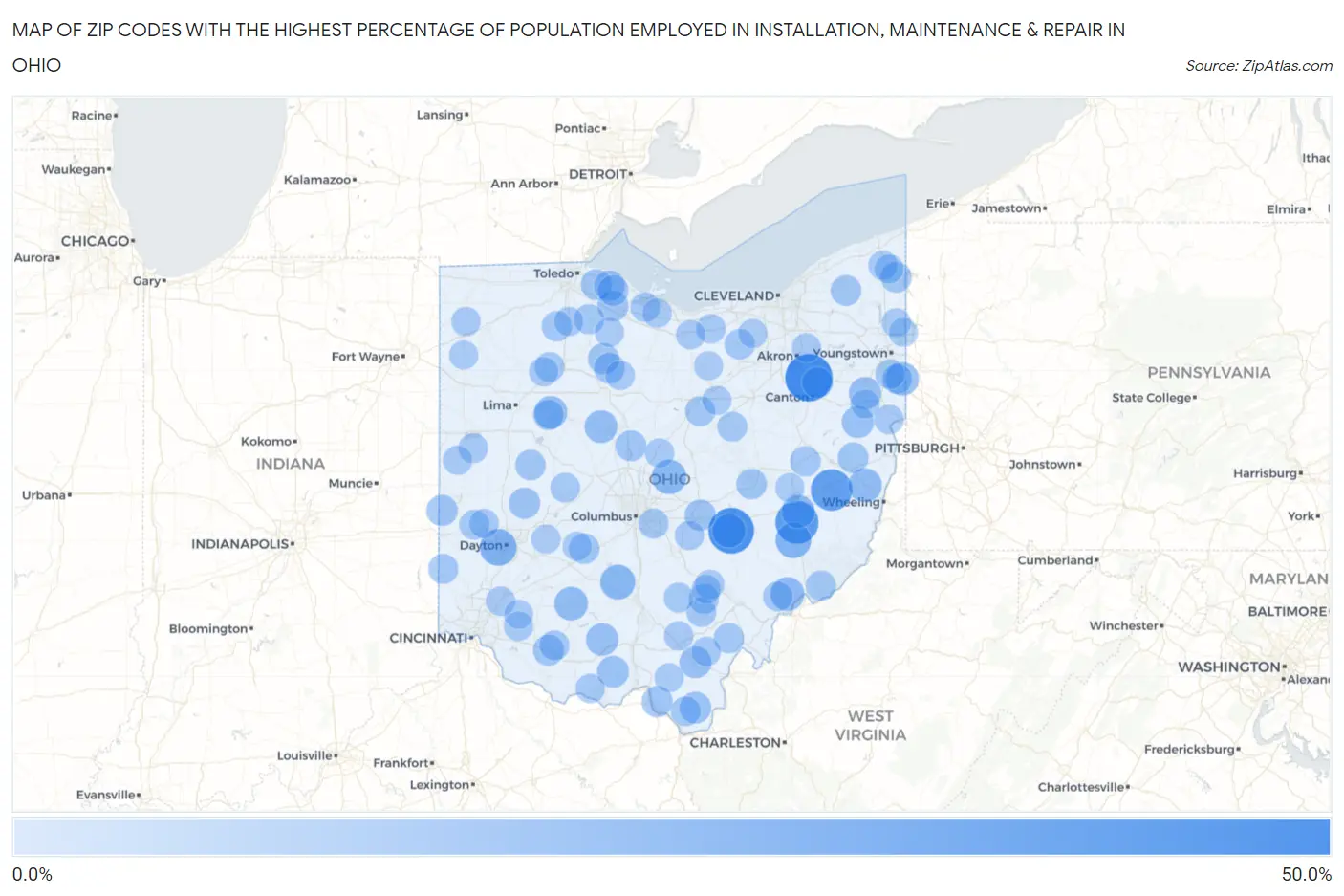Zip Codes with the Highest Percentage of Population Employed in Installation, Maintenance & Repair in Ohio Map