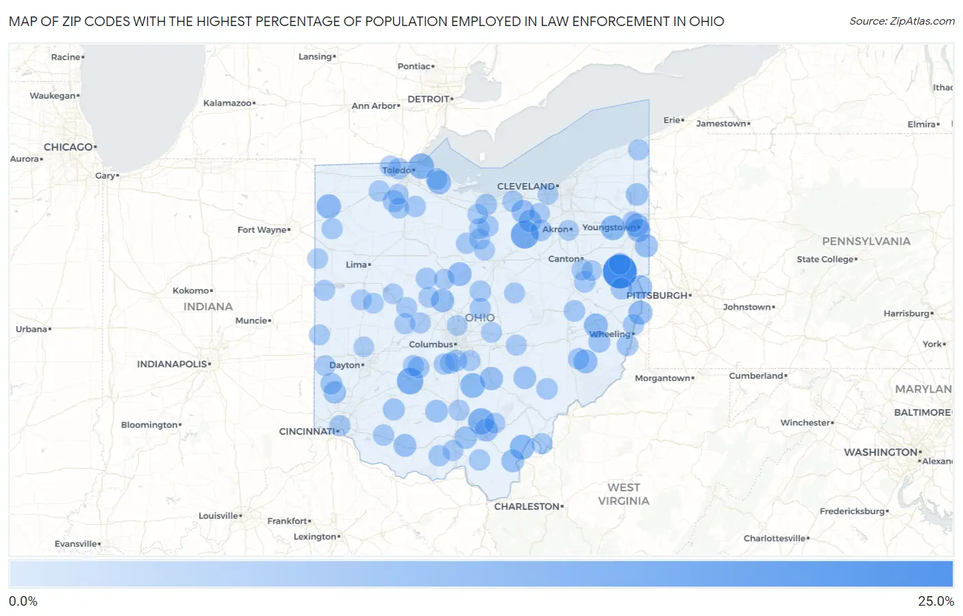 Zip Codes with the Highest Percentage of Population Employed in Law Enforcement in Ohio Map