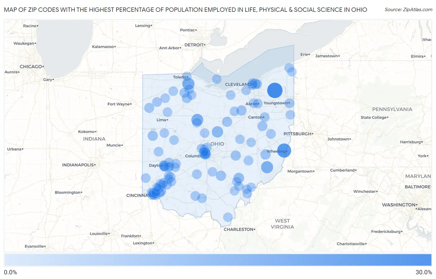 Zip Codes with the Highest Percentage of Population Employed in Life, Physical & Social Science in Ohio Map