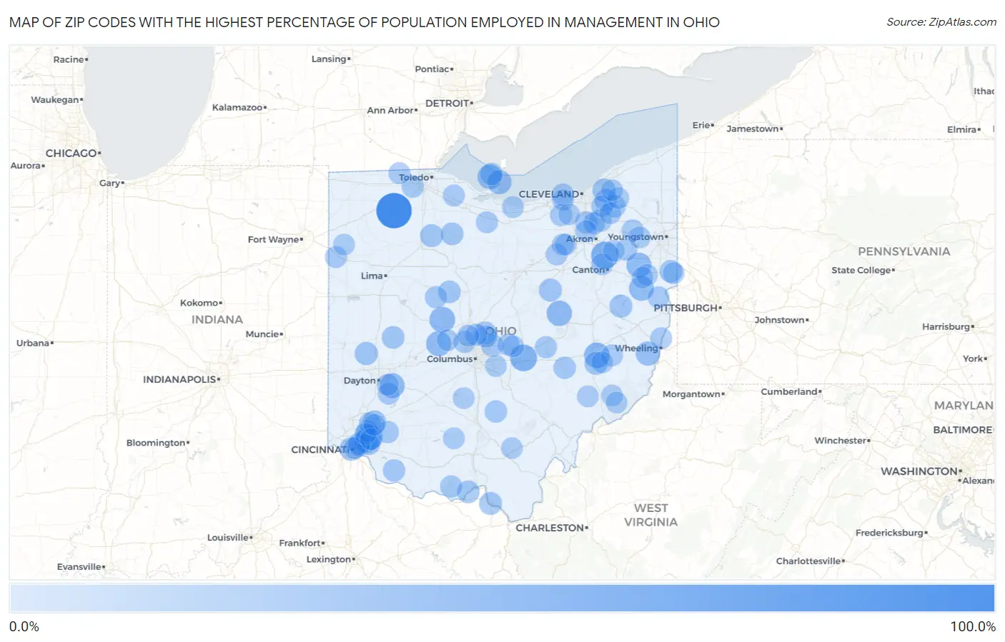 Zip Codes with the Highest Percentage of Population Employed in Management in Ohio Map