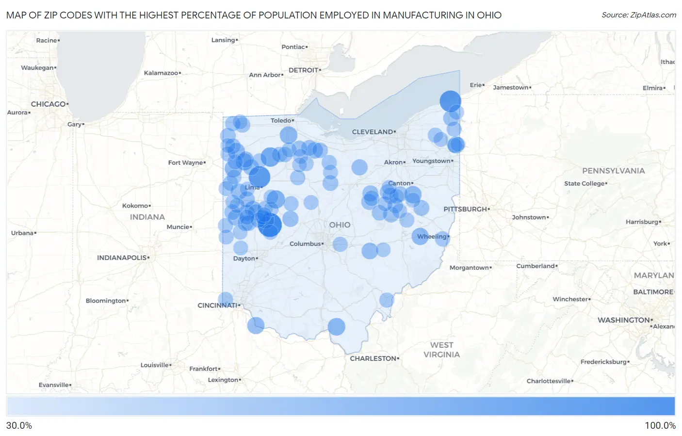 Zip Codes with the Highest Percentage of Population Employed in Manufacturing in Ohio Map