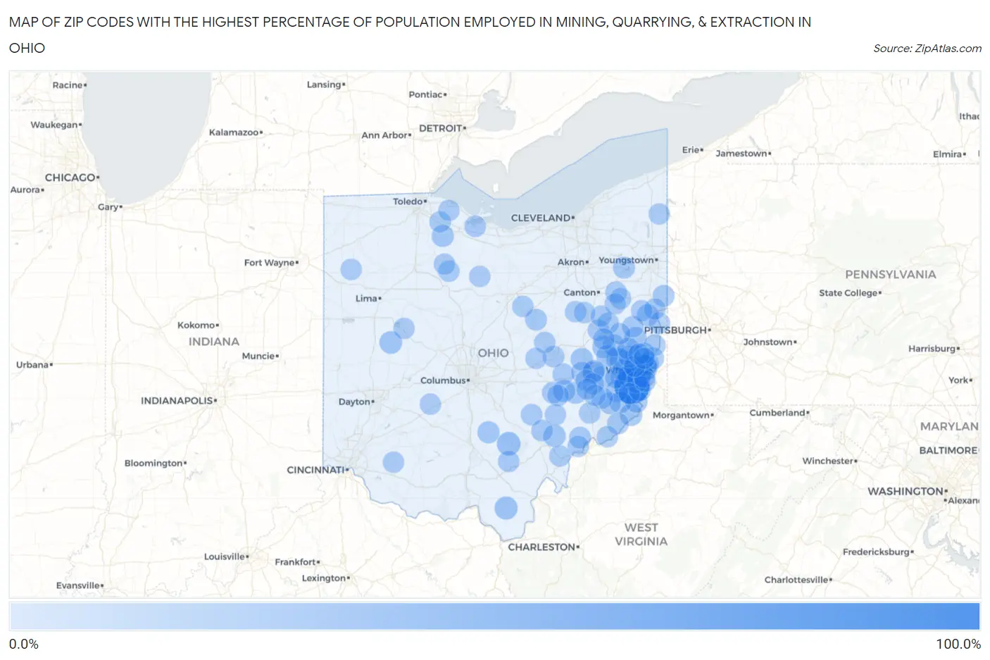 Zip Codes with the Highest Percentage of Population Employed in Mining, Quarrying, & Extraction in Ohio Map