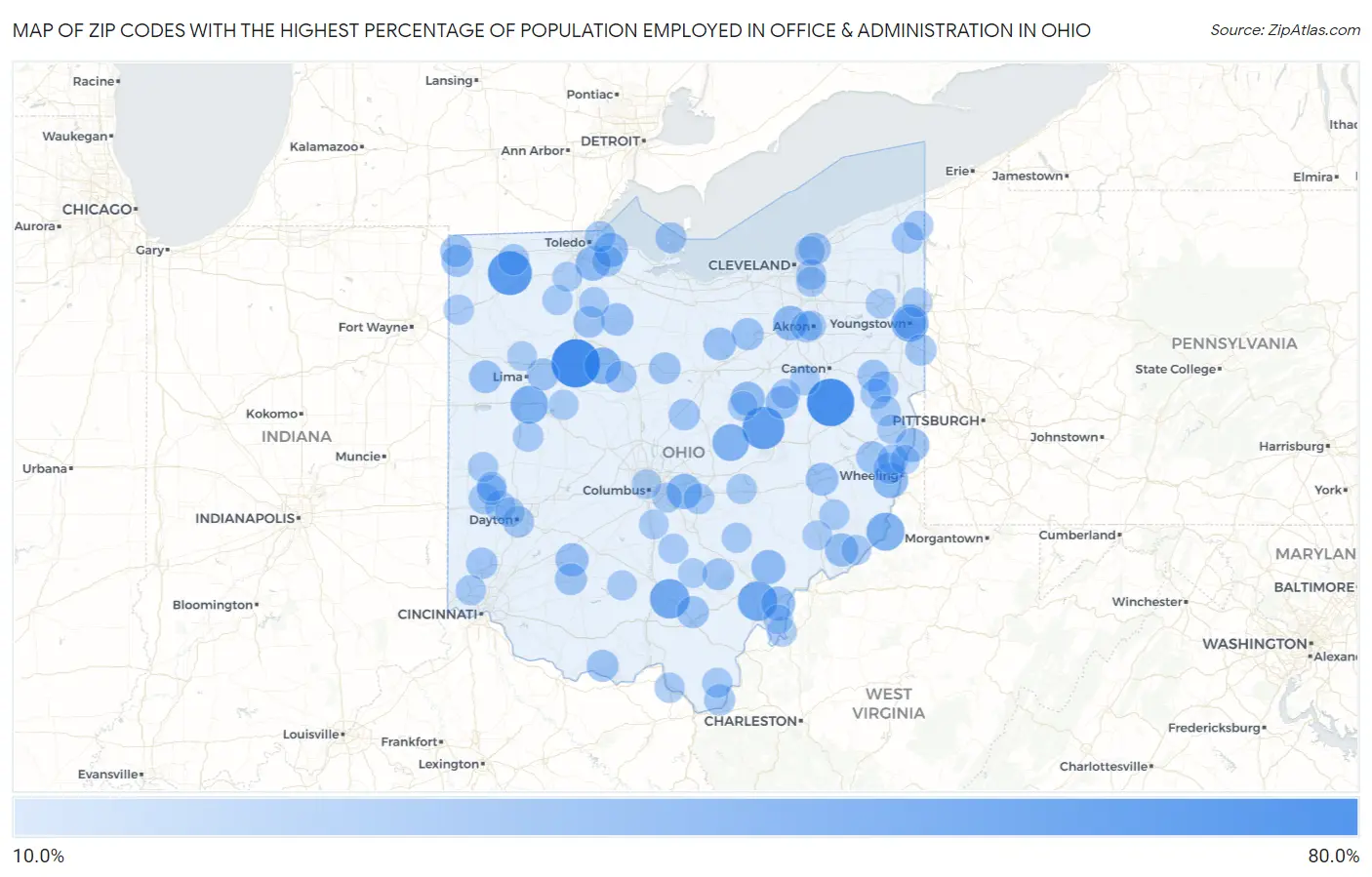 Zip Codes with the Highest Percentage of Population Employed in Office & Administration in Ohio Map