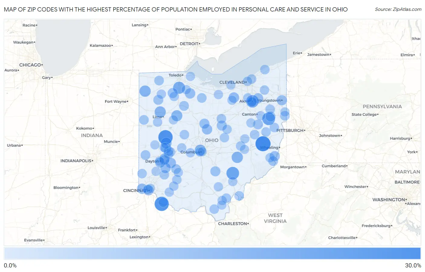 Zip Codes with the Highest Percentage of Population Employed in Personal Care and Service in Ohio Map