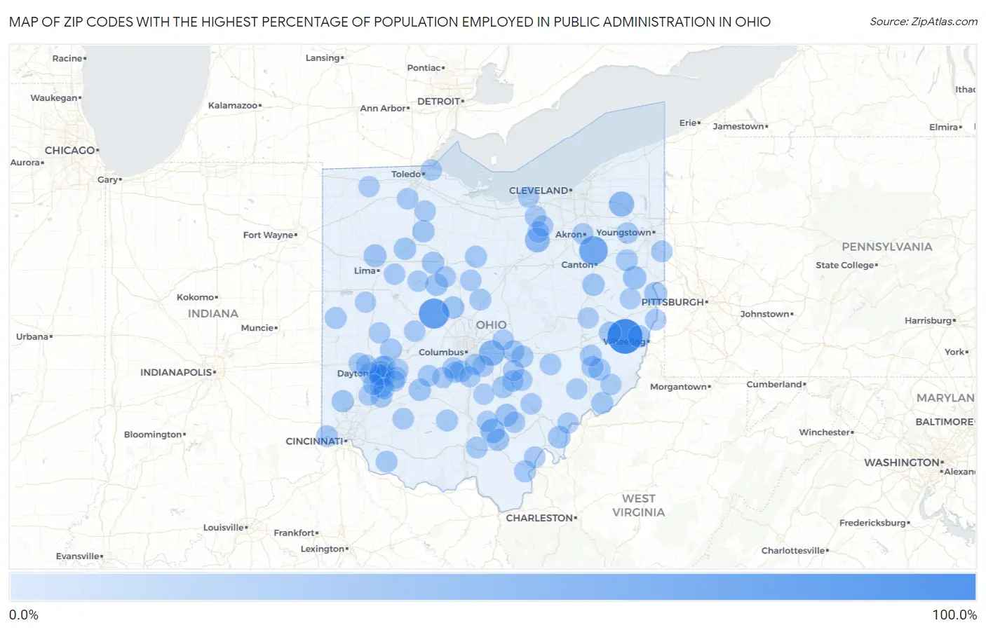 Zip Codes with the Highest Percentage of Population Employed in Public Administration in Ohio Map