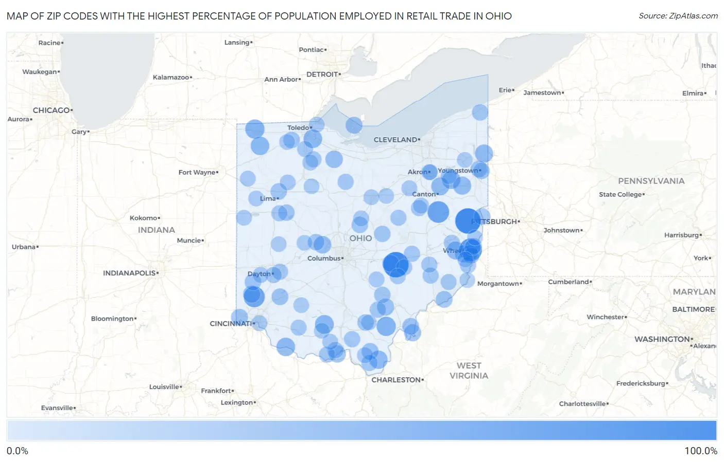 Zip Codes with the Highest Percentage of Population Employed in Retail Trade in Ohio Map