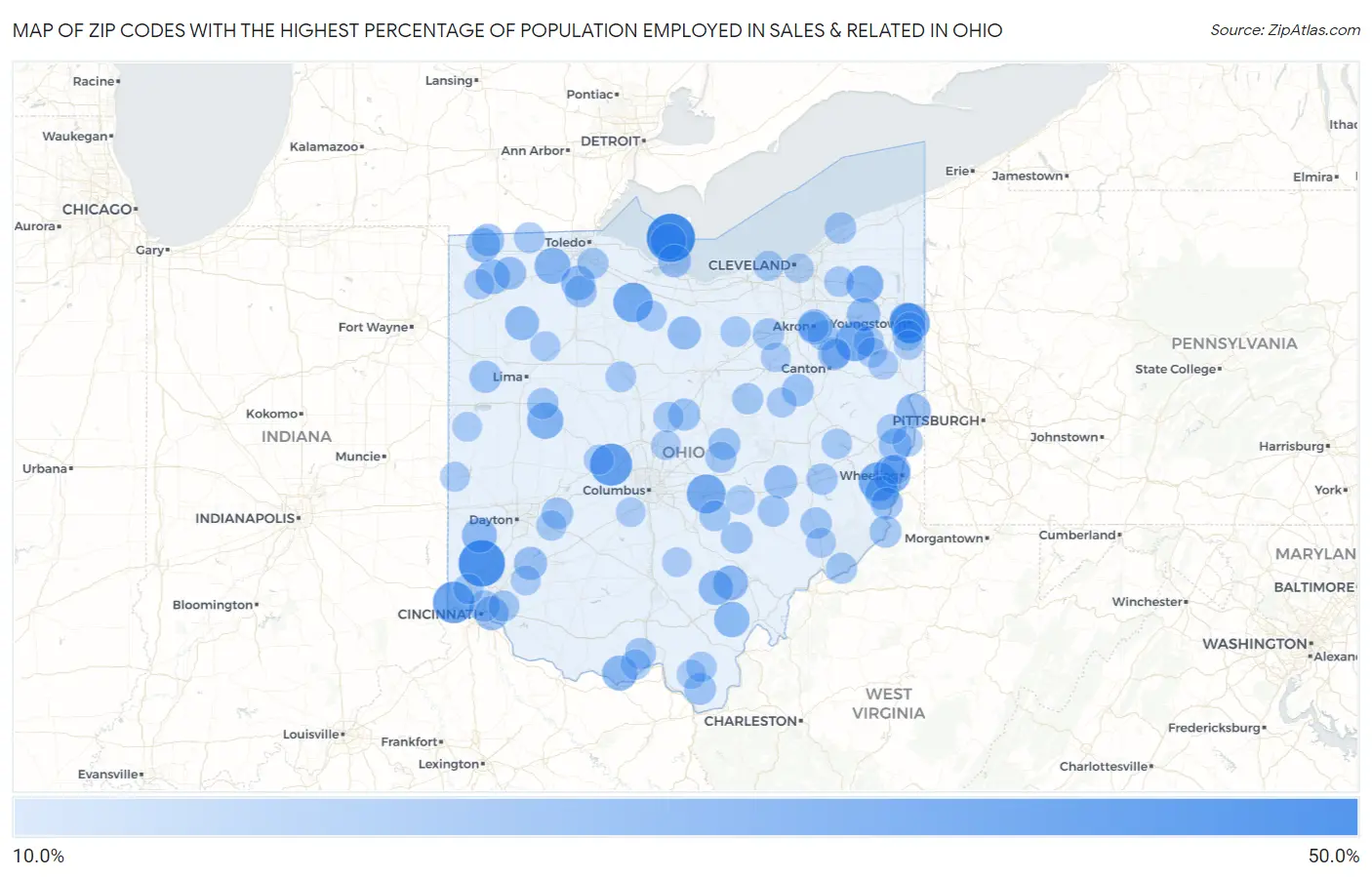Zip Codes with the Highest Percentage of Population Employed in Sales & Related in Ohio Map