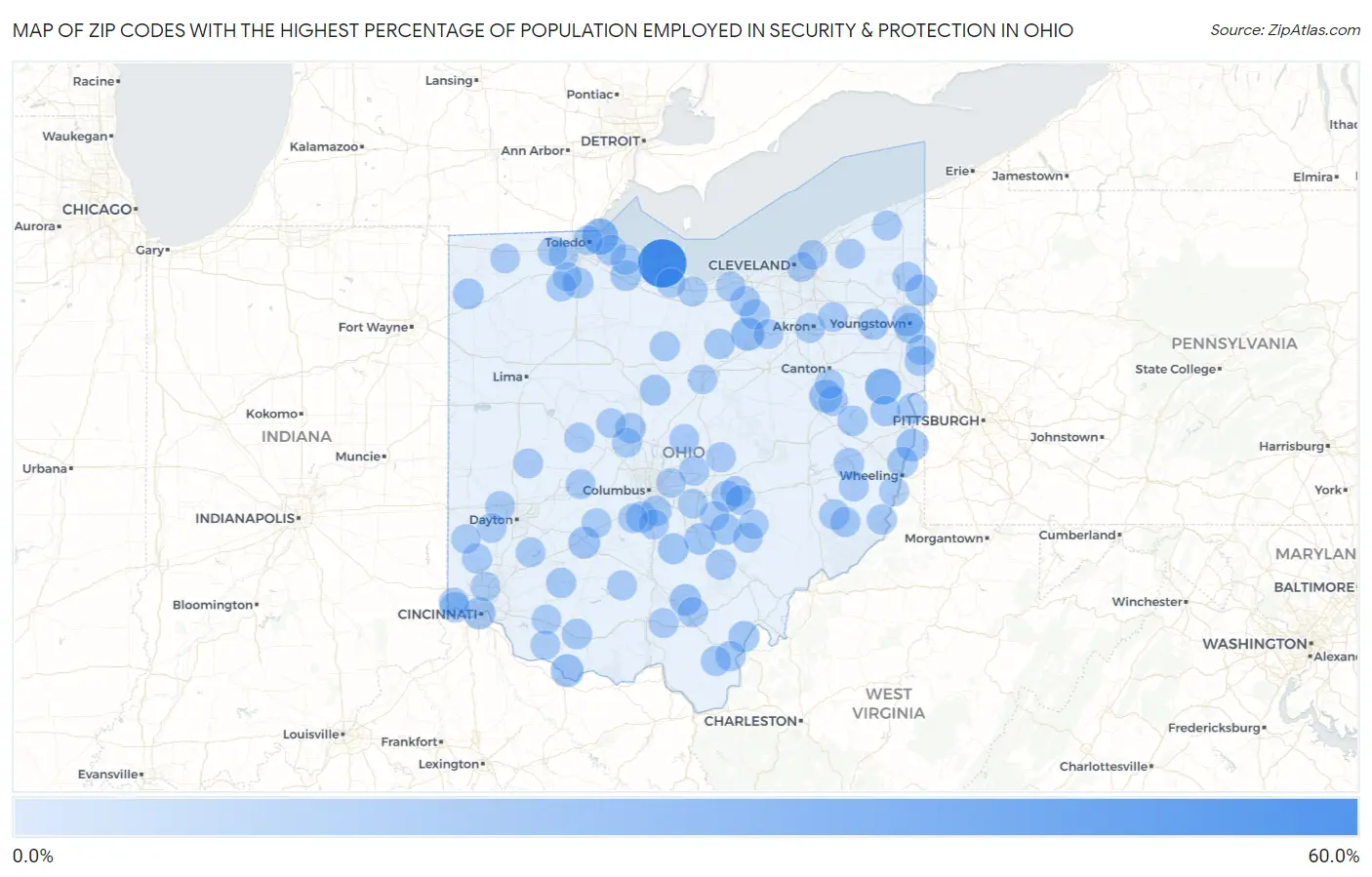 Zip Codes with the Highest Percentage of Population Employed in Security & Protection in Ohio Map