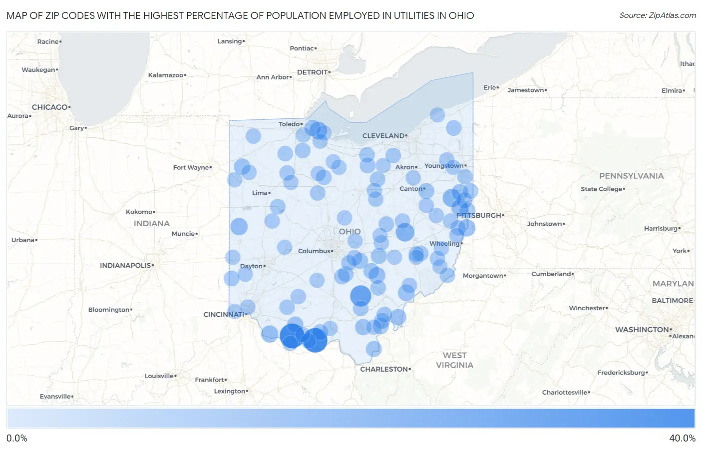 Zip Codes with the Highest Percentage of Population Employed in Utilities in Ohio Map