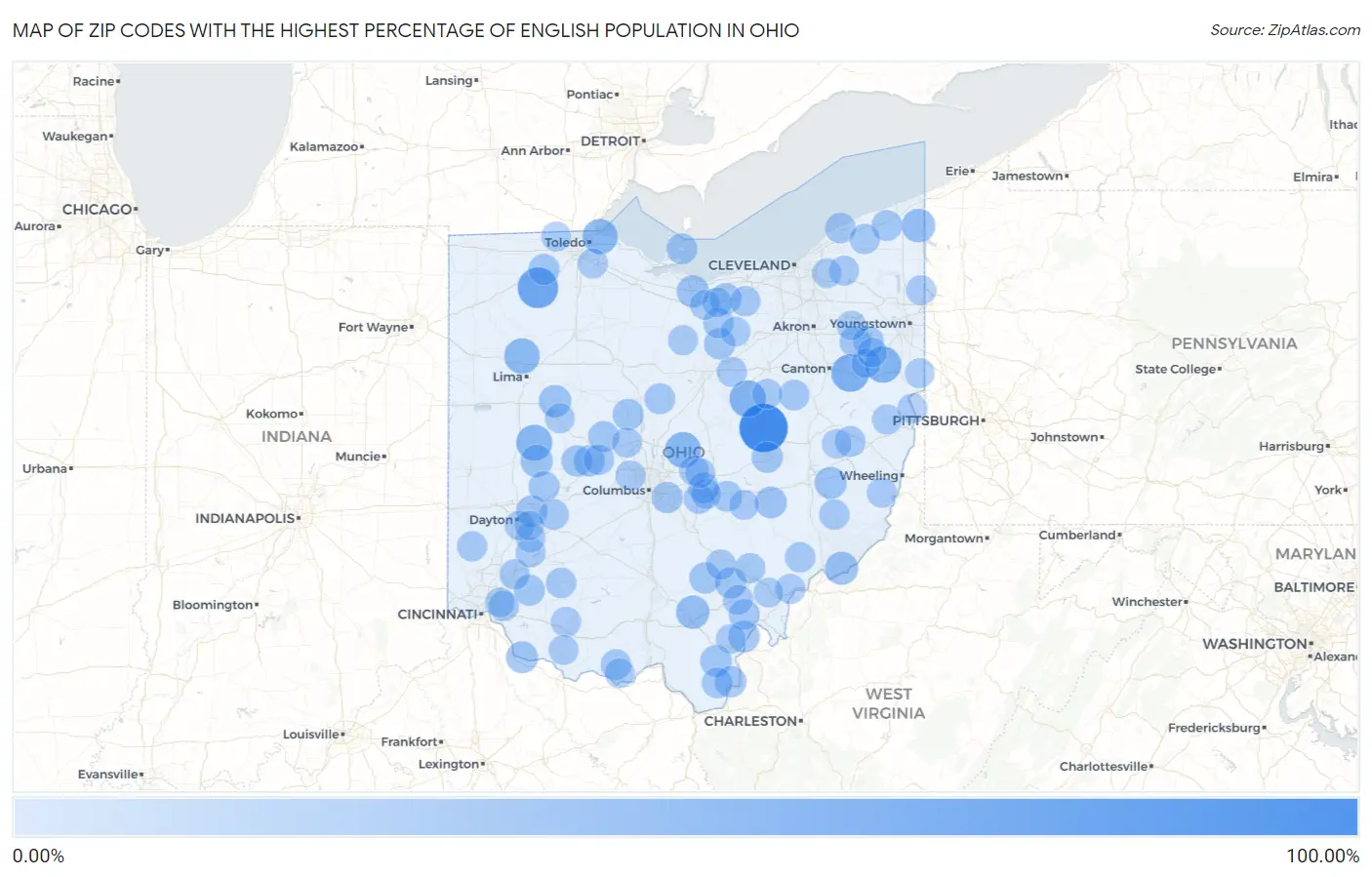 Zip Codes with the Highest Percentage of English Population in Ohio Map