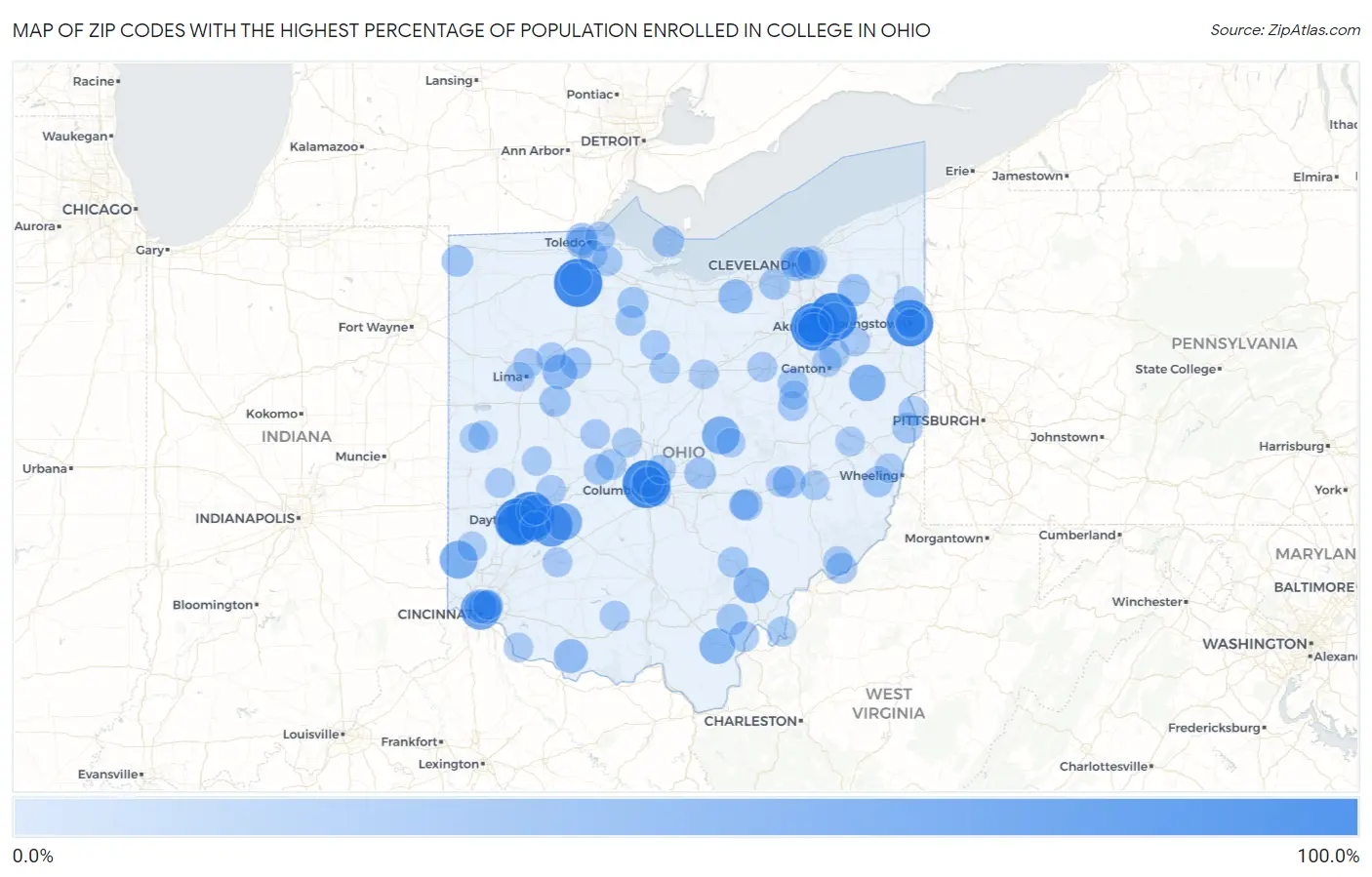 Zip Codes with the Highest Percentage of Population Enrolled in College in Ohio Map