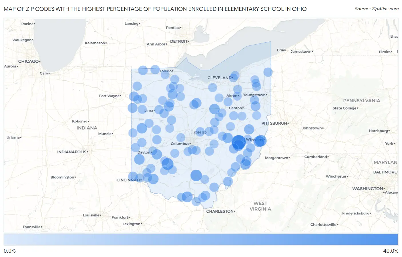 Zip Codes with the Highest Percentage of Population Enrolled in Elementary School in Ohio Map