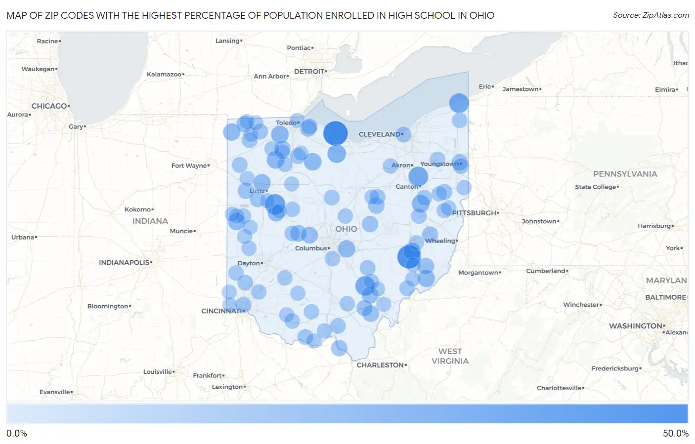 Zip Codes with the Highest Percentage of Population Enrolled in High School in Ohio Map