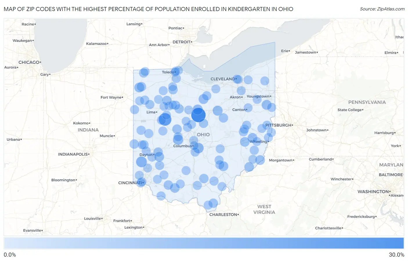 Zip Codes with the Highest Percentage of Population Enrolled in Kindergarten in Ohio Map