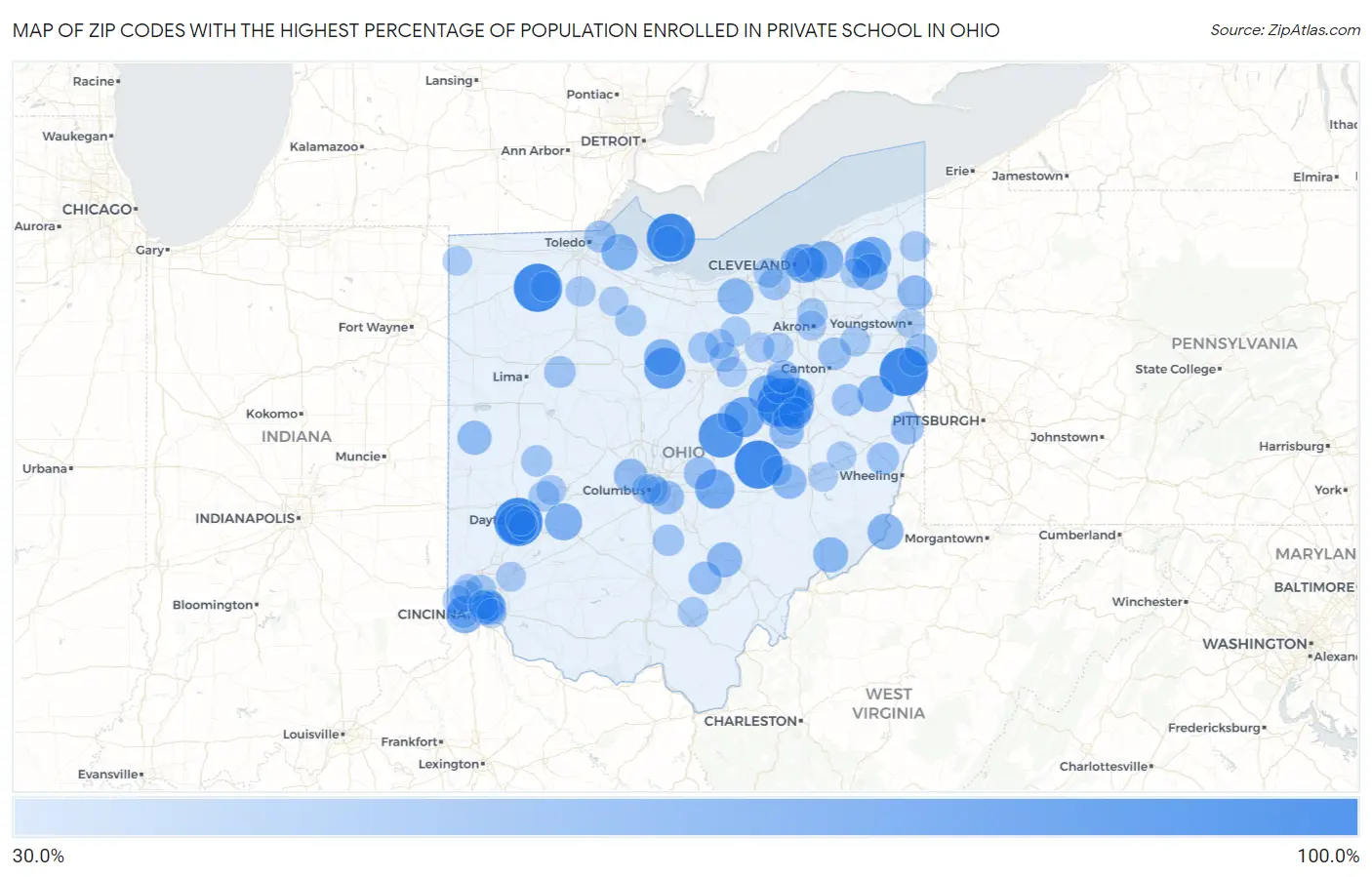 Zip Codes with the Highest Percentage of Population Enrolled in Private School in Ohio Map