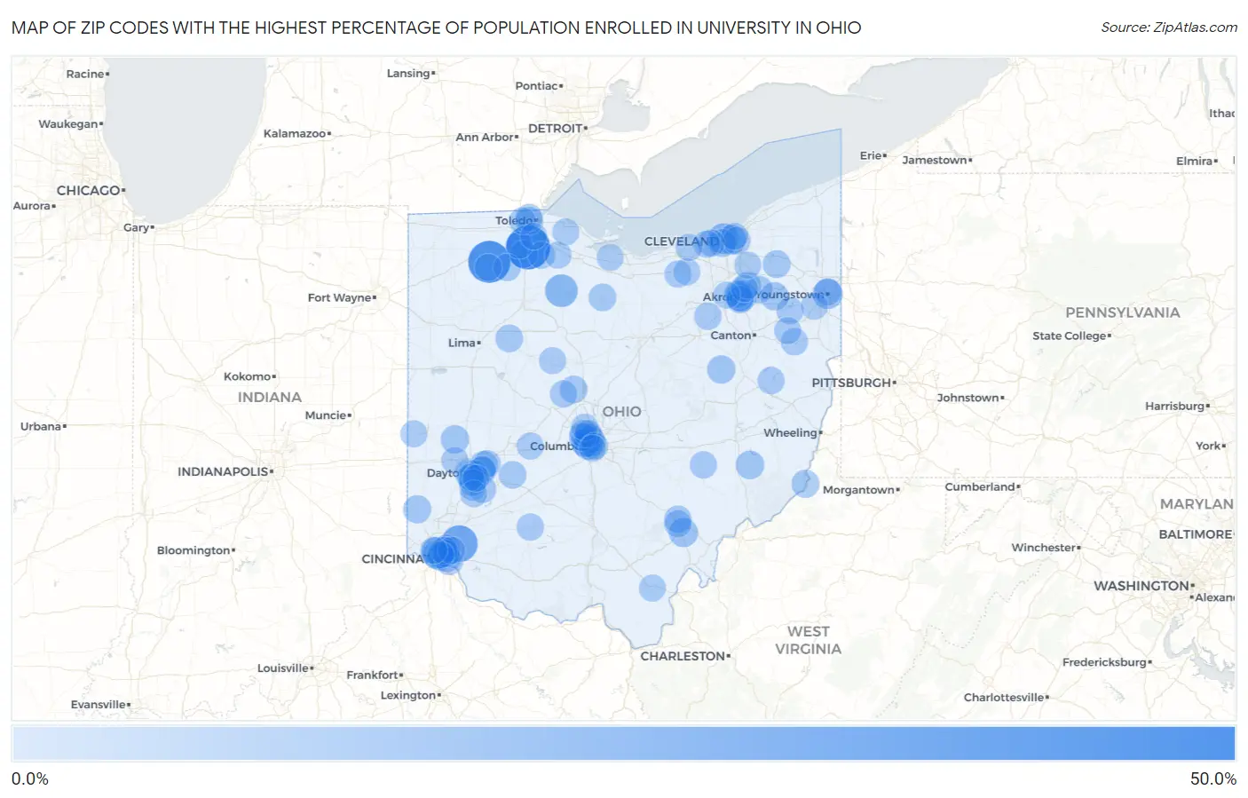 Zip Codes with the Highest Percentage of Population Enrolled in University in Ohio Map