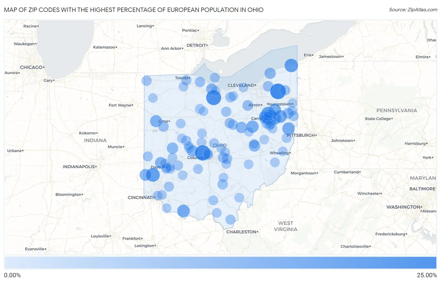 Zip Codes with the Highest Percentage of European Population in Ohio Map