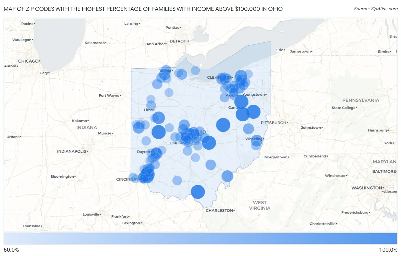 Zip Codes with the Highest Percentage of Families with Income Above $100,000 in Ohio Map