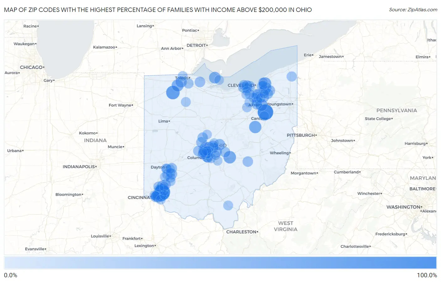 Zip Codes with the Highest Percentage of Families with Income Above $200,000 in Ohio Map