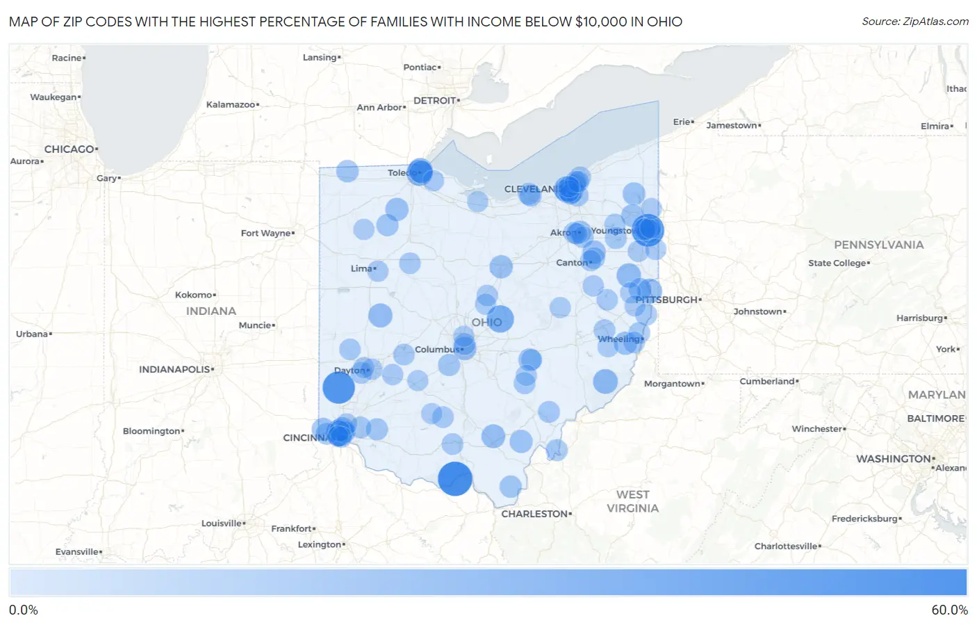 Zip Codes with the Highest Percentage of Families with Income Below $10,000 in Ohio Map