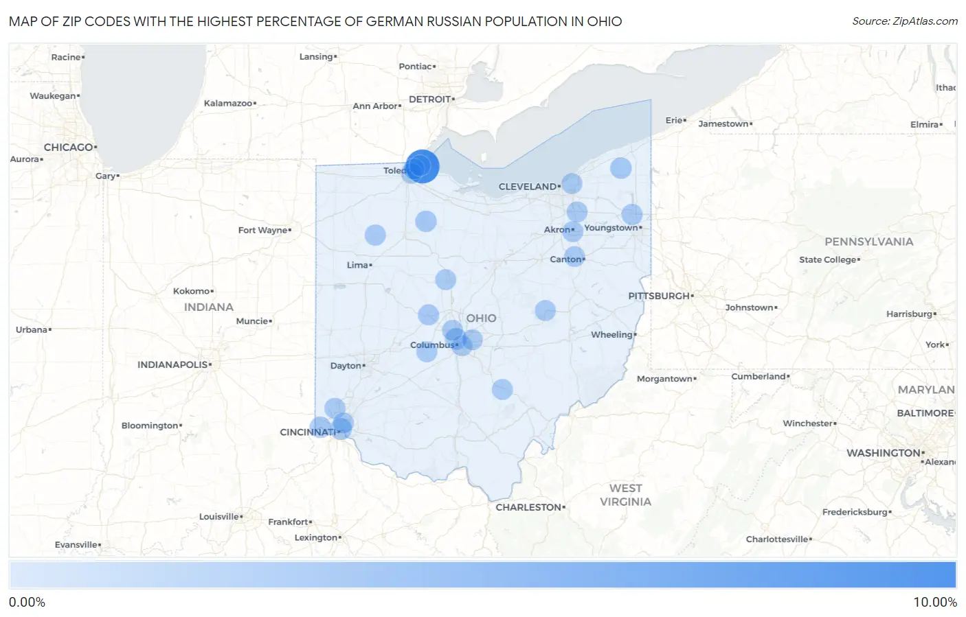 Zip Codes with the Highest Percentage of German Russian Population in Ohio Map