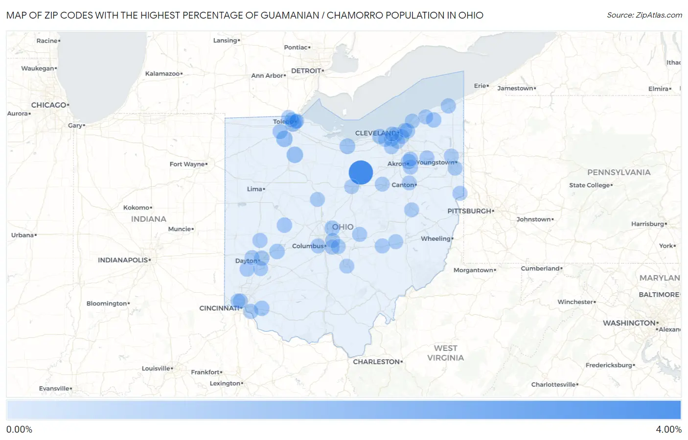 Zip Codes with the Highest Percentage of Guamanian / Chamorro Population in Ohio Map