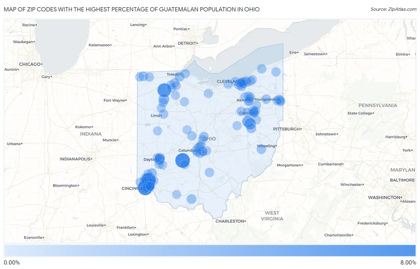Zip Codes with the Highest Percentage of Guatemalan Population in Ohio Map