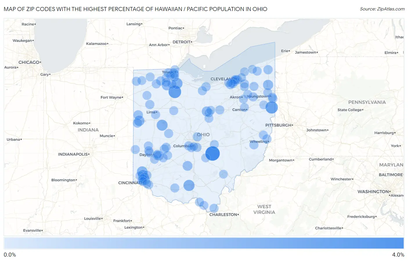 Zip Codes with the Highest Percentage of Hawaiian / Pacific Population in Ohio Map
