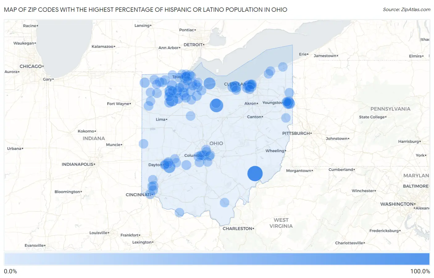 Zip Codes with the Highest Percentage of Hispanic or Latino Population in Ohio Map