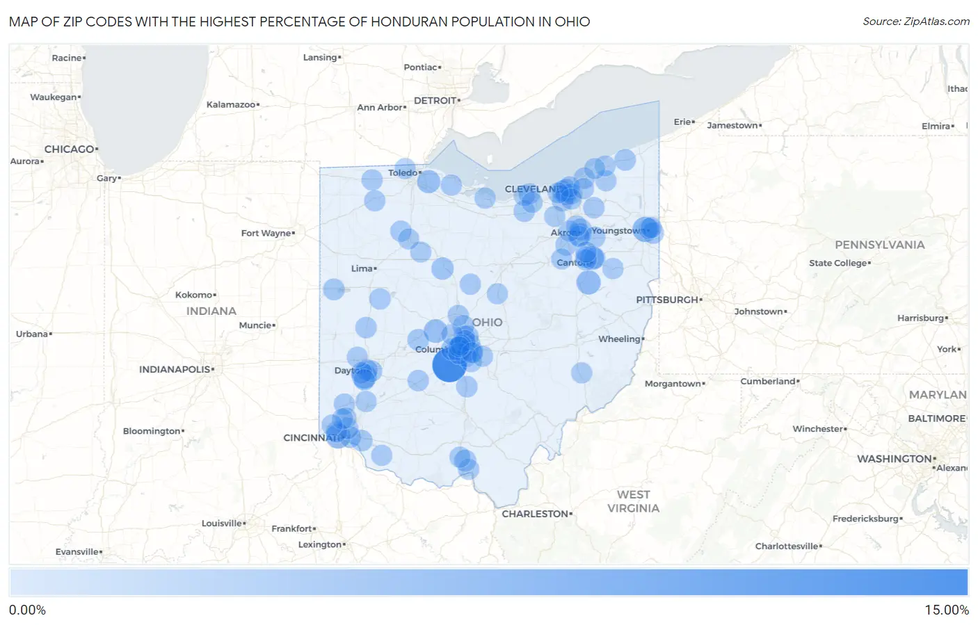 Zip Codes with the Highest Percentage of Honduran Population in Ohio Map