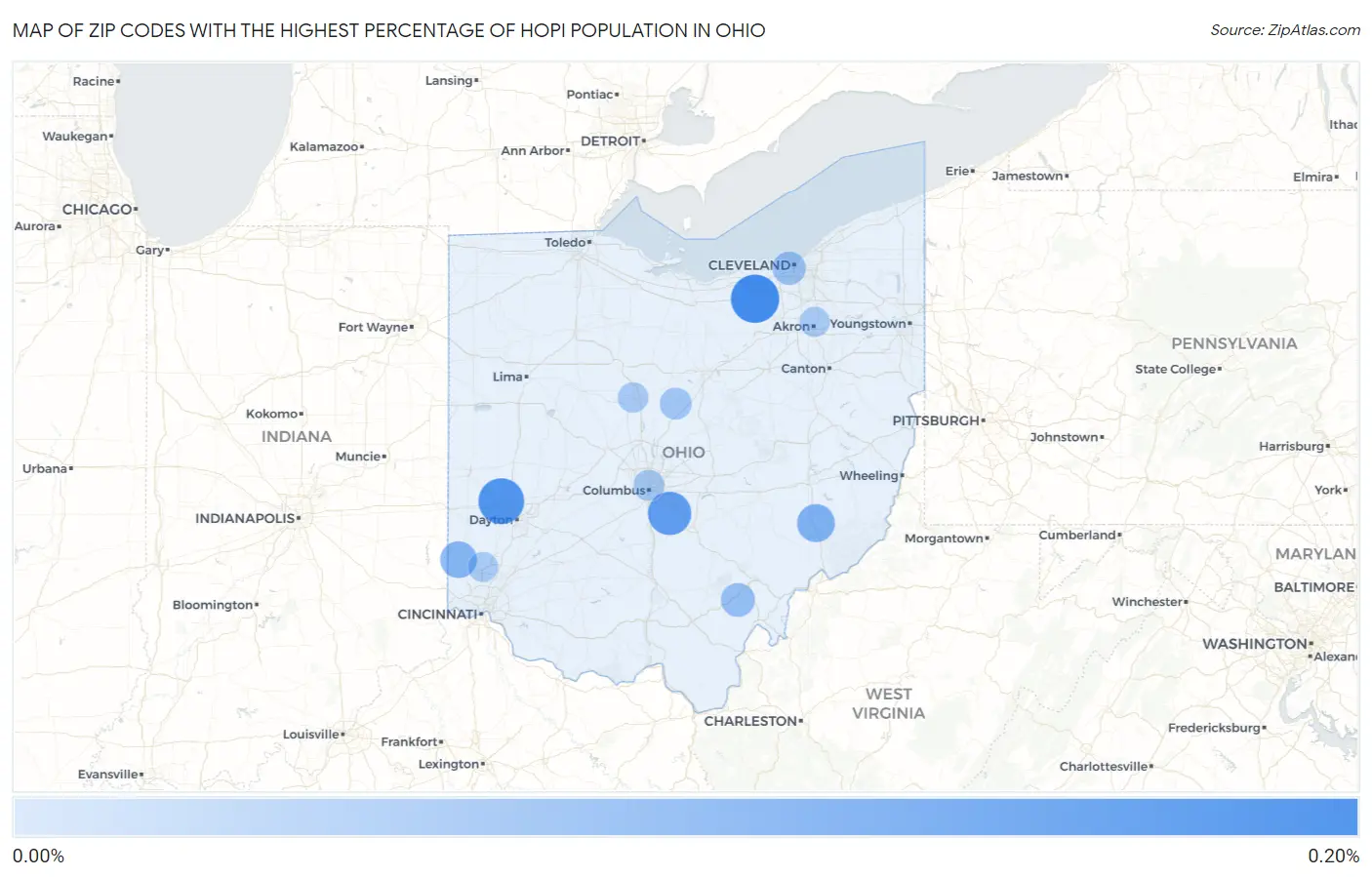 Zip Codes with the Highest Percentage of Hopi Population in Ohio Map