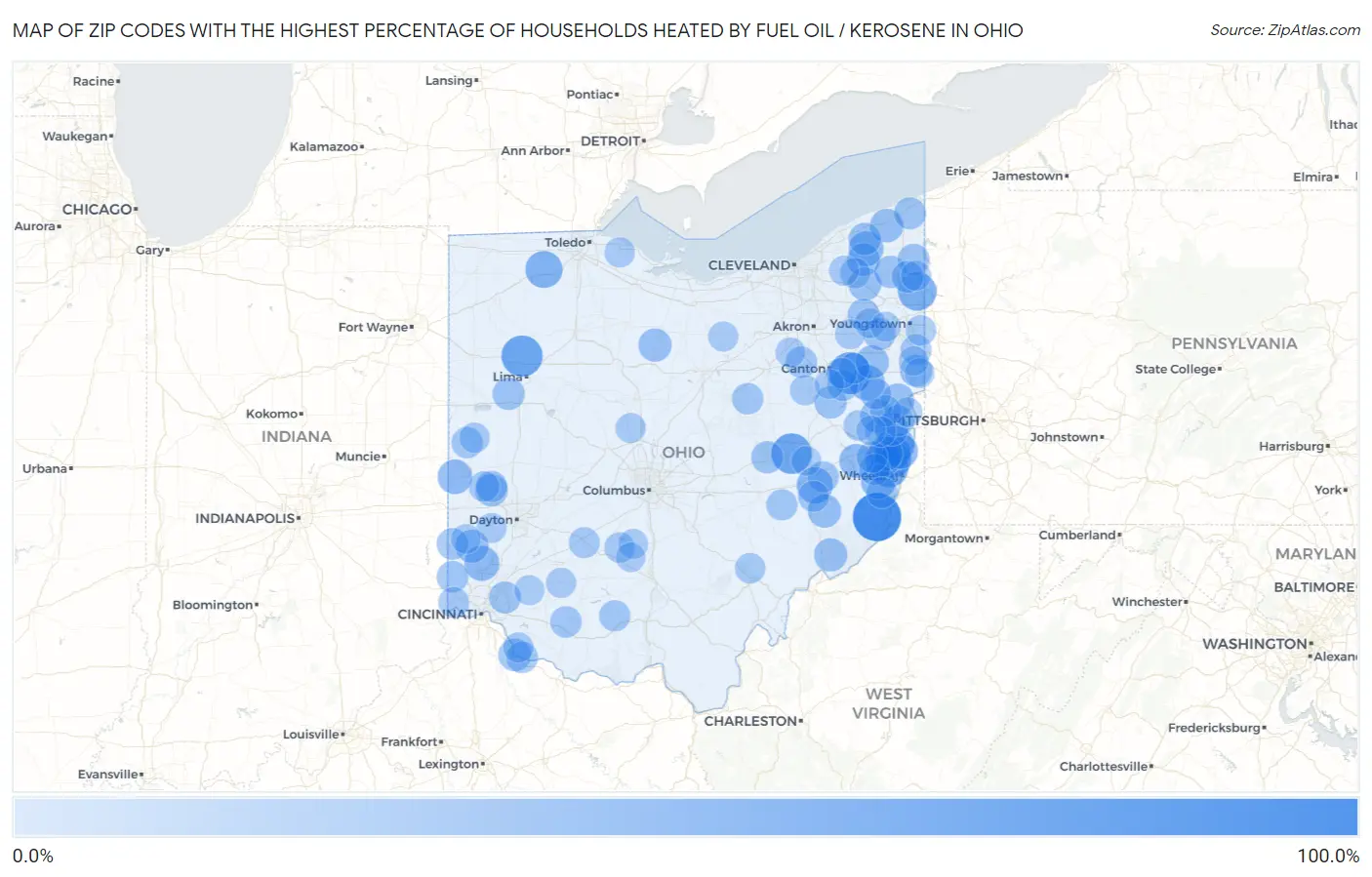 Zip Codes with the Highest Percentage of Households Heated by Fuel Oil / Kerosene in Ohio Map