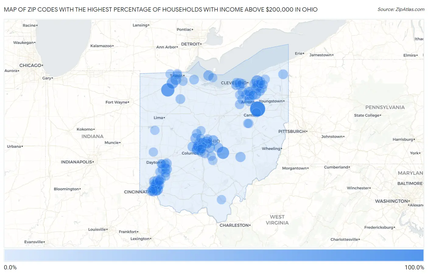 Zip Codes with the Highest Percentage of Households with Income Above $200,000 in Ohio Map