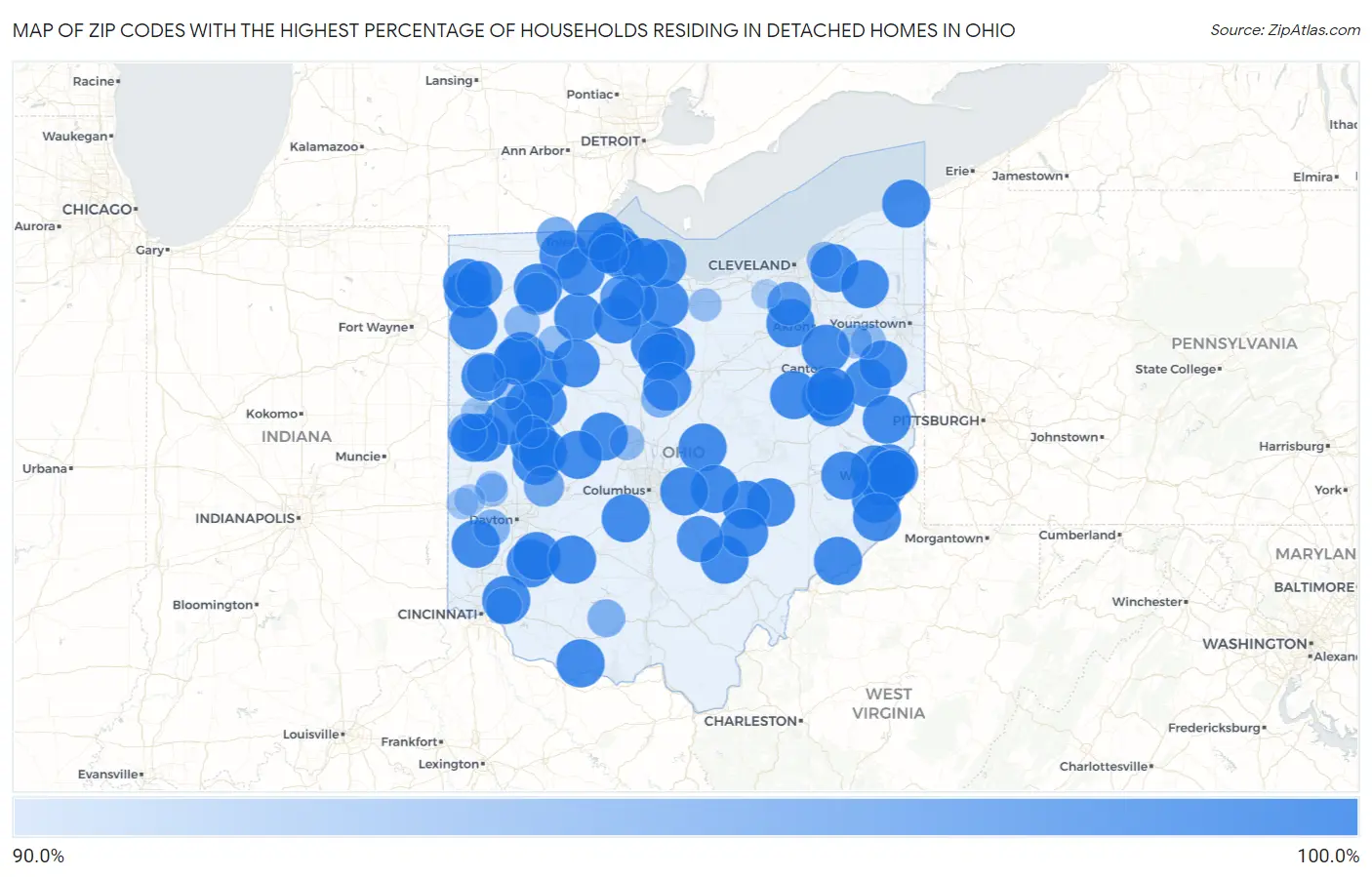 Zip Codes with the Highest Percentage of Households Residing in Detached Homes in Ohio Map