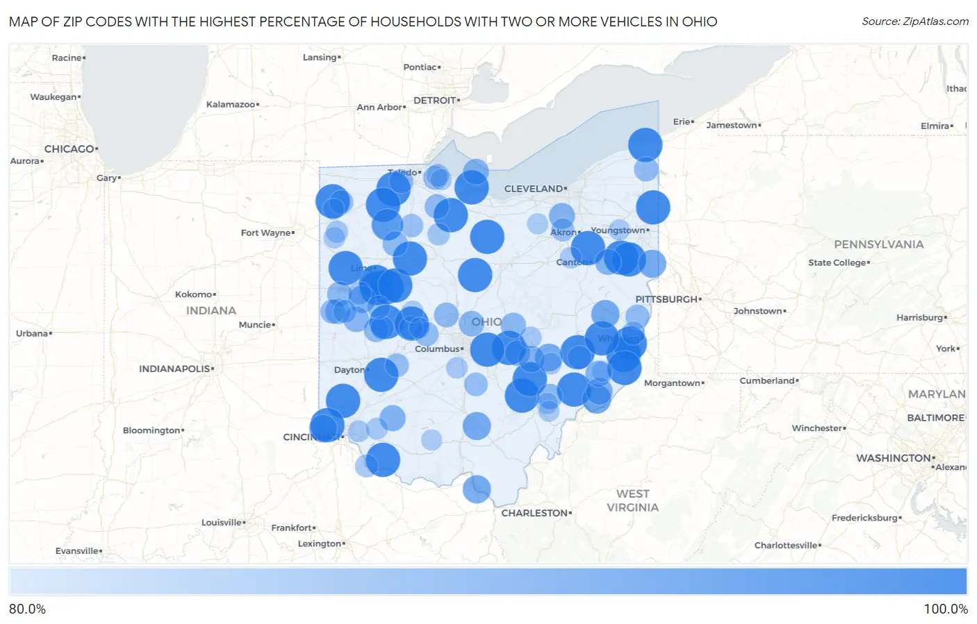 Zip Codes with the Highest Percentage of Households With Two or more Vehicles in Ohio Map